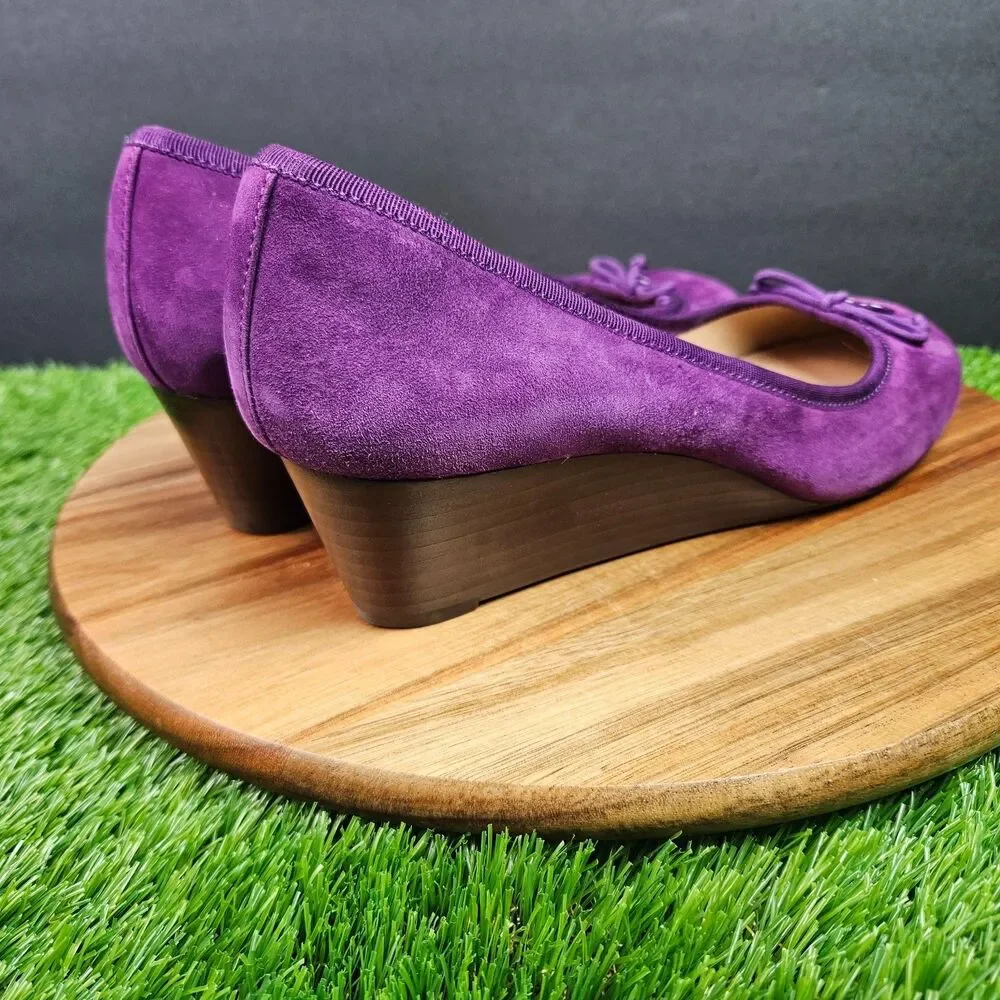 Tory Burch Purple Leather Suede Chelsea Wedge Heels Bow Logo Round Toe 10 M
